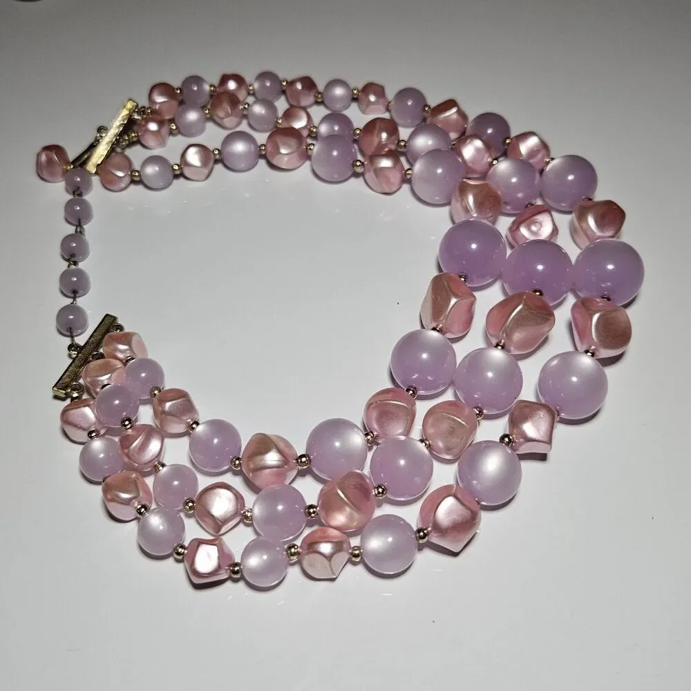 Coro Light Purple Pink Moonglow Lucite 3 Strand Beaded Necklace 16-19" - Picture 13 of 14